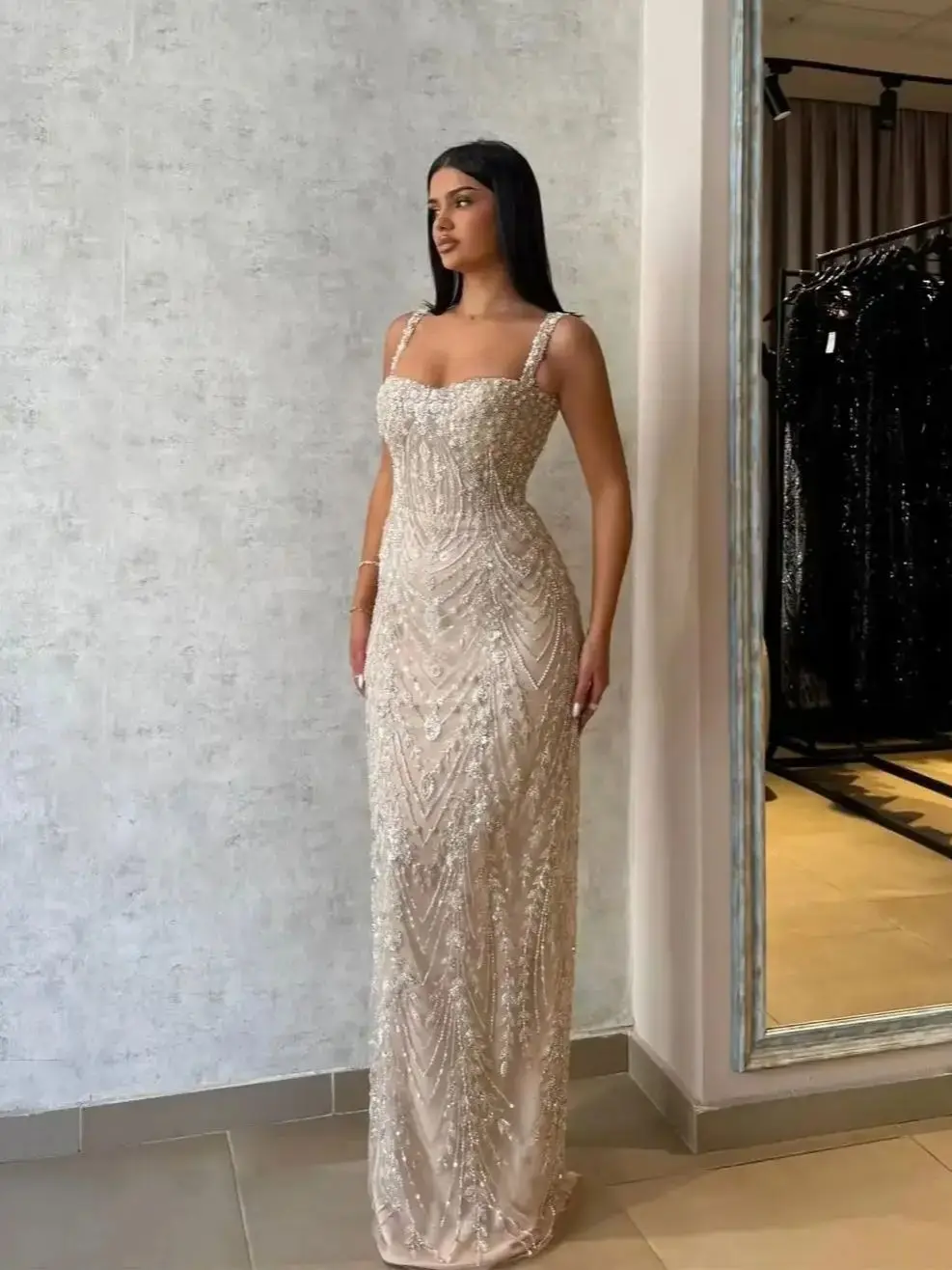 

Ofherown Luxury Beaded Sequis Evening Dresses Spaghetti Straps Mermaid Prom Gowns Birthday Party vestidos de fiesta Customized