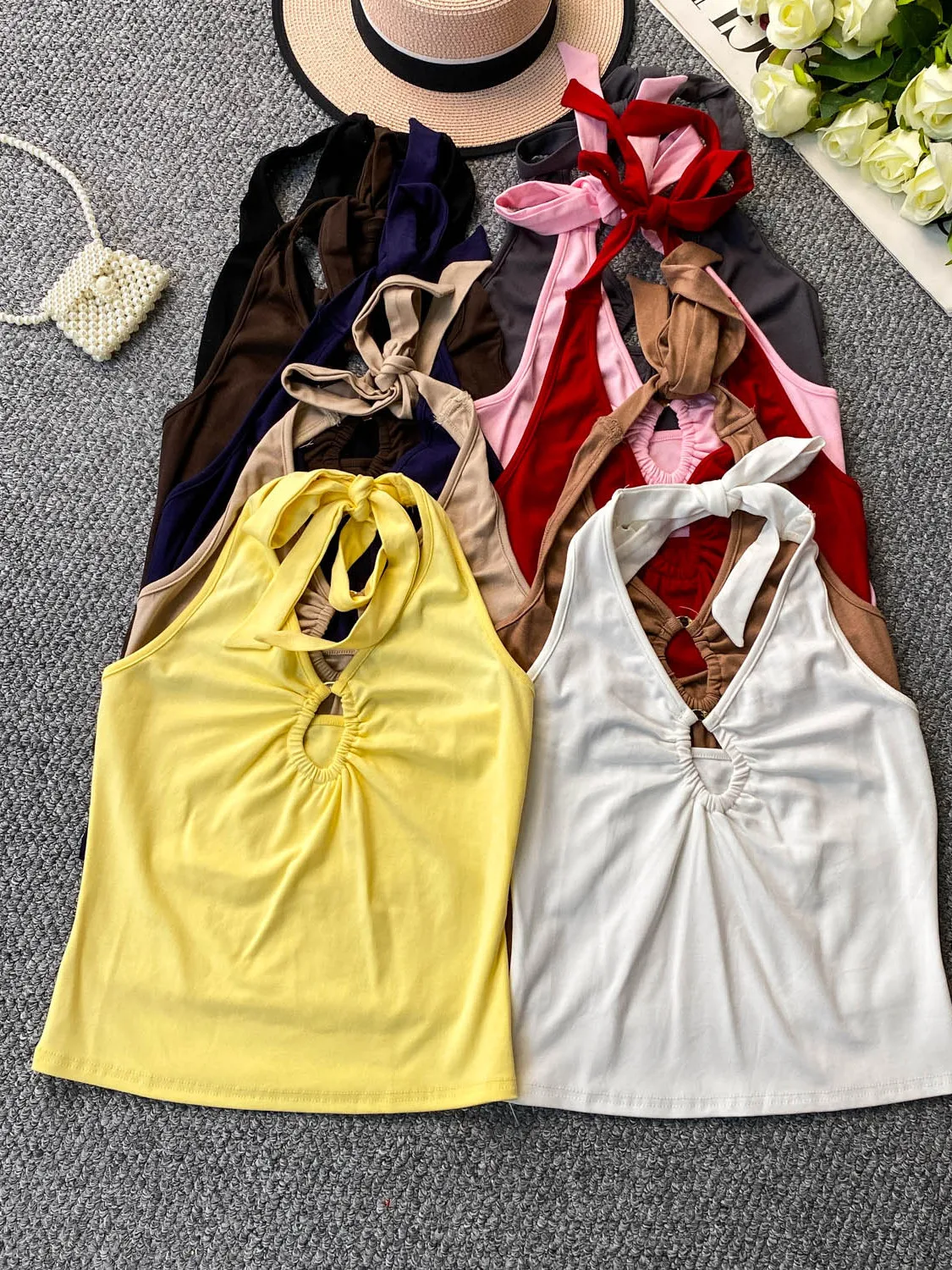 Pure Desirable Sexy Hollow out V-Neck Hanging Neck Tank Top Women's Slim Fit Beautiful Back Base Shirt Summer Top