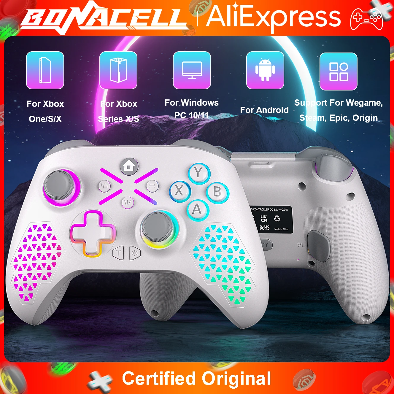 Controller für Xbox One/S/Series S/X/PC Gamepads RGB Kabelloser Gaming-Griff mit 6-Achsen-Gyroskop Turbo Dual Shock Hall-Effekt-Joystick