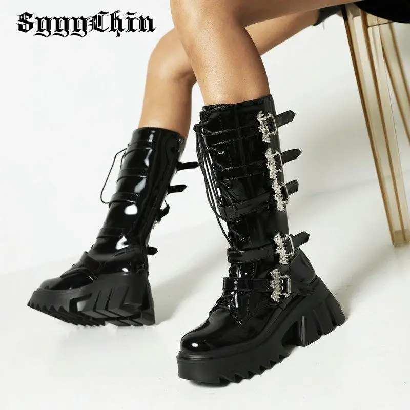 Winter Women Boots Mid Calf Gothic Punk Black Chunky Heel Platform Plush Female Pumps Ladies Warm Round Toe Shoes Mujer Zapatos