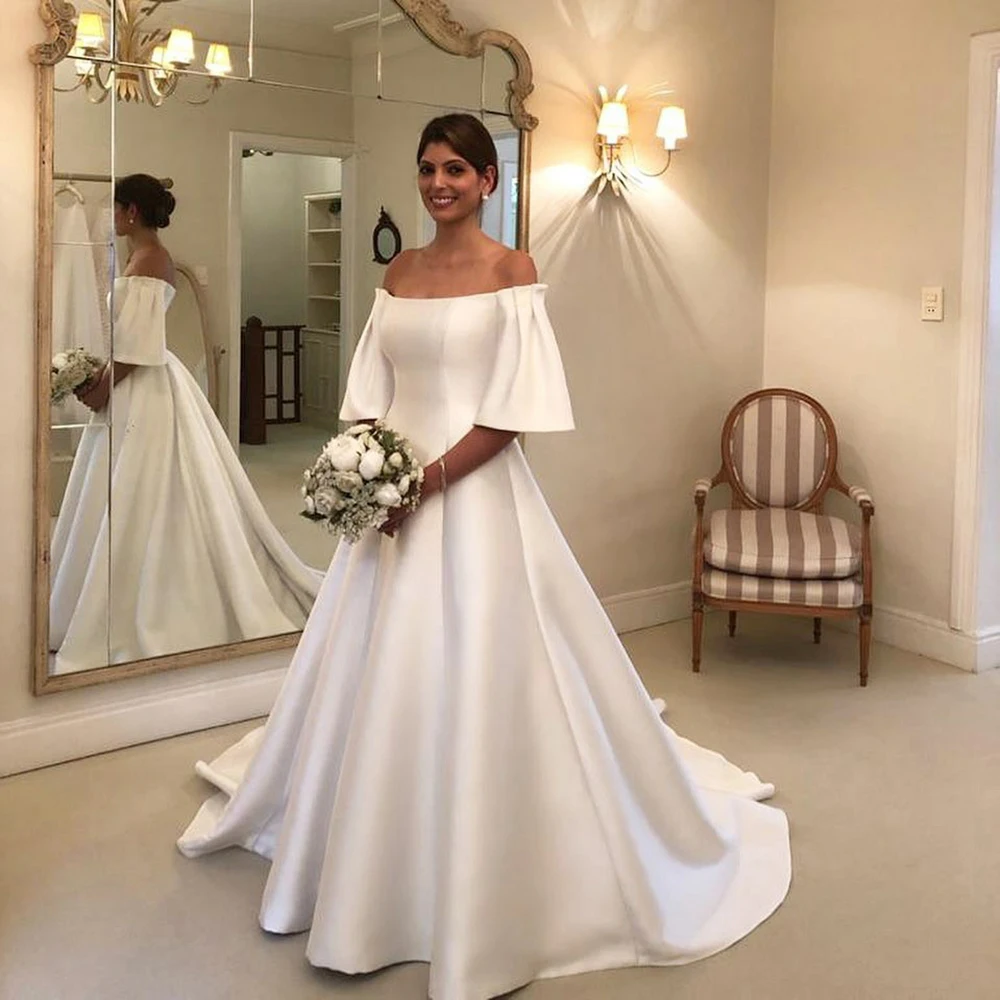 

Msikoods Customized Off Shoulder Satin Wedding Dress 2025 Puff Sleeve Simple Elegant Bridal Gown A Line Formal Wedding Dress