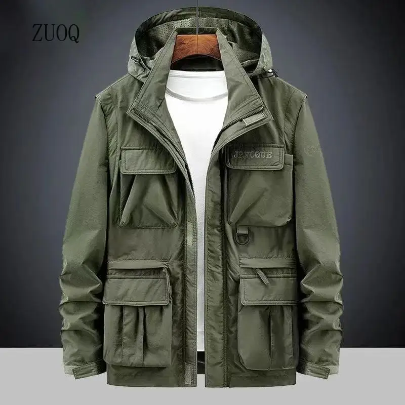 

New 2025 Detachable Windproof Hooded Trench Men Outdoor Activities Jacket Man Casual Multi Pocket Coat Vest Male