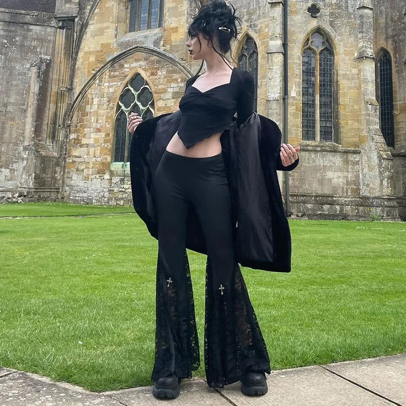 Women's High Waist Lace Flare Pants Gothic Punk Black Wide Leg Trousers Slim Fit Vintage Grunge Streetwear Long Pants Y2K