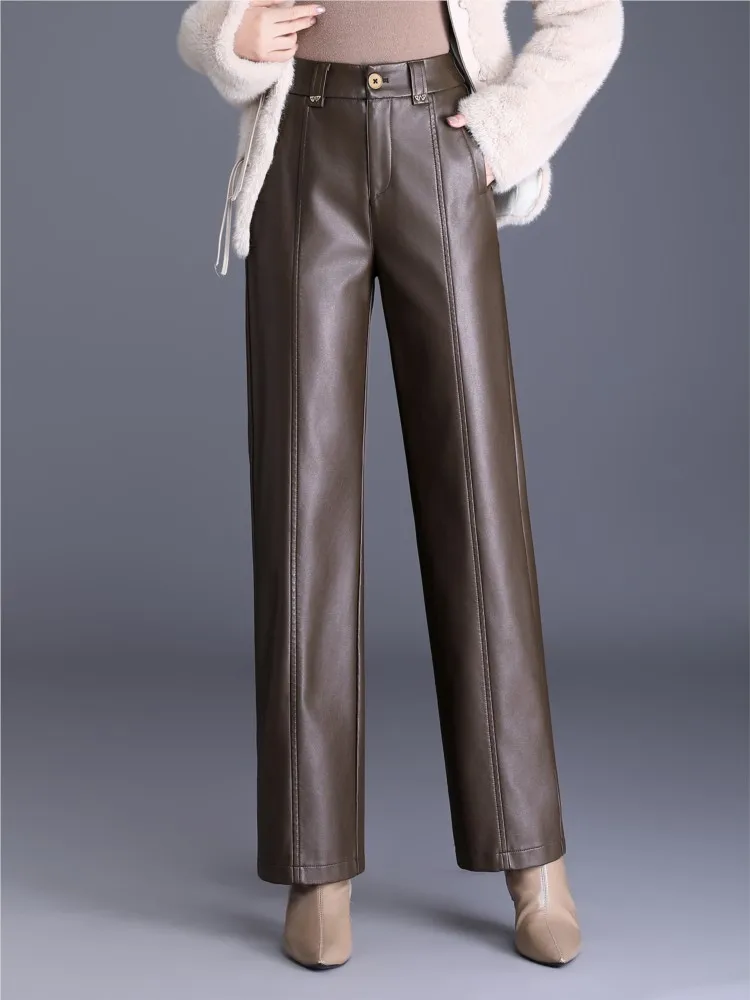 

ZUZK New Straight PU Leather Long Pants Women Elastic Waist High Waist Autumn Winter Fashion Warm Elegant Leather Trousers