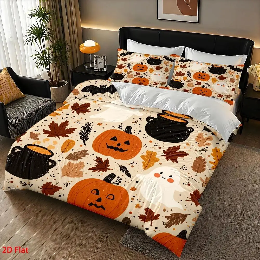 Soft Duvet Cover Set of Three, 1 Duvet Cover + 2 Pillowcases (Without Filling) 2D Flat Printed Duvet Cover Set of Three, Halloween Pumpkin Ghost Theme Cartoon Hand-Drawn Style, Suitable for Autumn, All Seasons, Machine Washable, Invisible Zipper, Large Duvet Cover Set, Bedding Set Quilt Cover