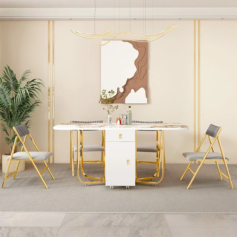 European Nordic White Table Gold Drawer Storage Rectangular Wood Dining Table Small Extendable Mesa Plegable Kitchen Furniture