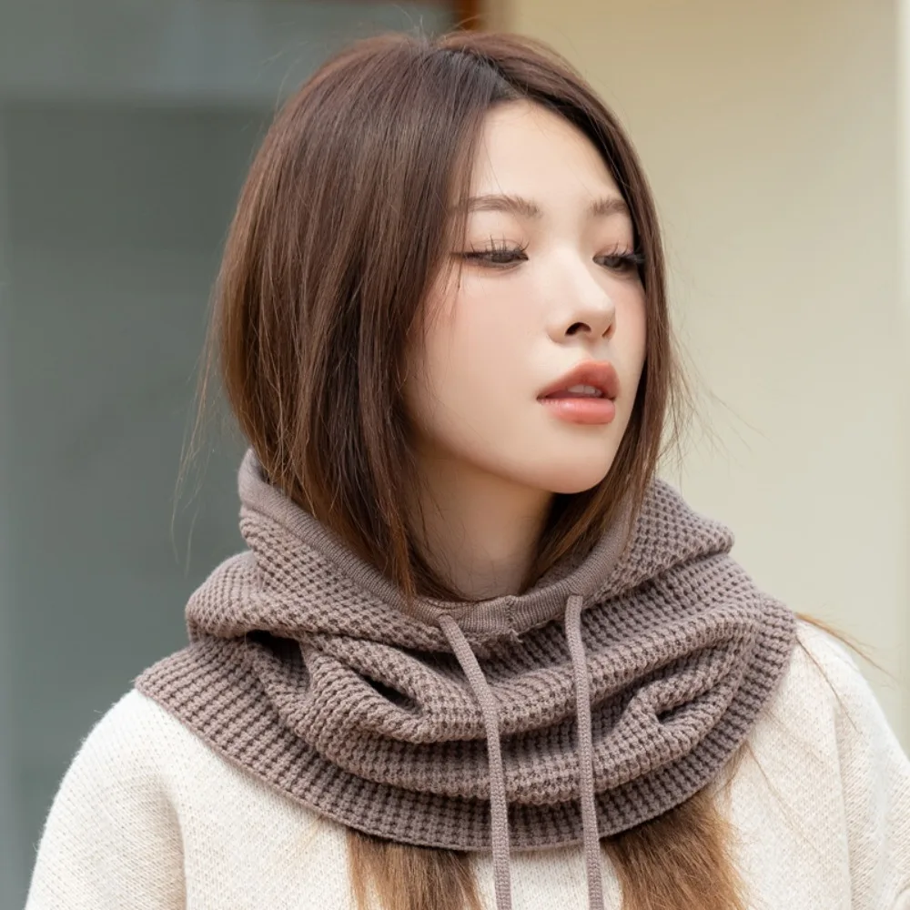 

Fashion Ear Protection Knitted Hooded Cap Warm Drawstring Hooded Beanie Hats Windproof Full-envelope Cap Unisex