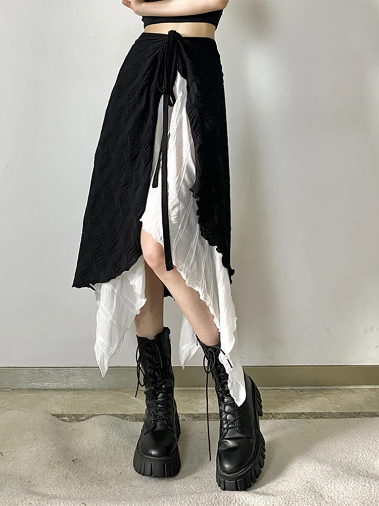 Women Harajuku Y2k Mid-Long Skirts Irregular Spliced Streetwear Vintage Design Mori Girl Gyaru Aesthetic Party Korean Fashion