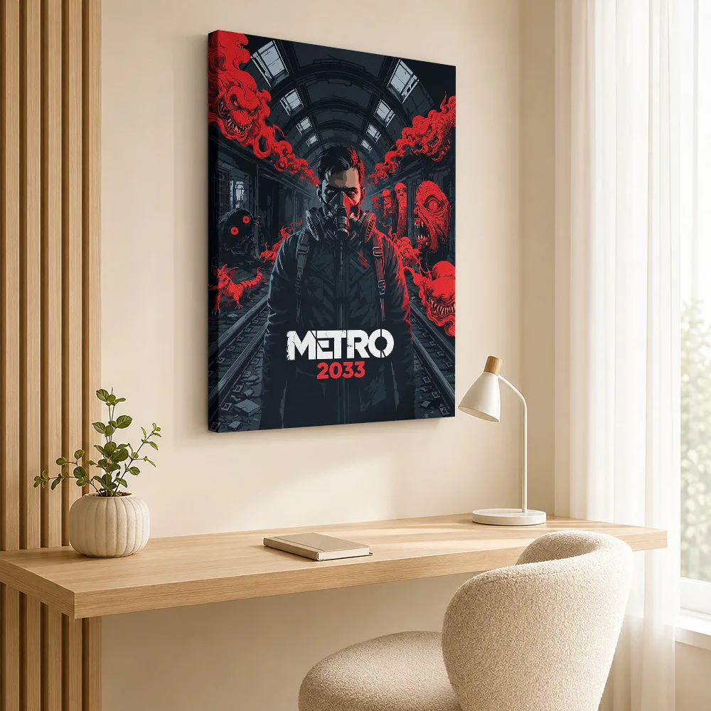 Metro 2033 Soldier In Tunnel Framed Canvas Poster Customized Photo Red And Black Shading Wall Art For Gaming Den Birthday Gift