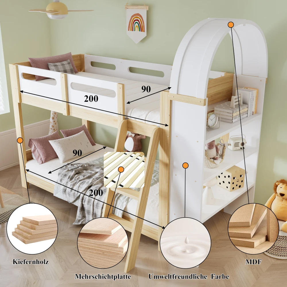 Kinder-Etagenbett mit 3-stufigem Regal, 3-stufiger Leiter und Sicherheitsgitter – stabile Lattenrostkonstruktion, geeignet für Kinderzimmer (ohne Matratze). – Detail 8
