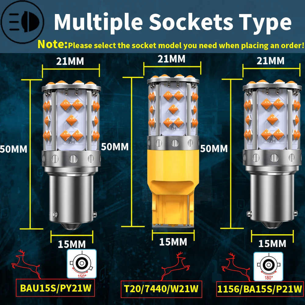 2Pcs T20 W21W WY21W 7440 7440NA P21W Ba15s PY21W BAU15S LED Turn Signal Light Bulb Canbus Error Free No Hyper Flash Amber Yellow