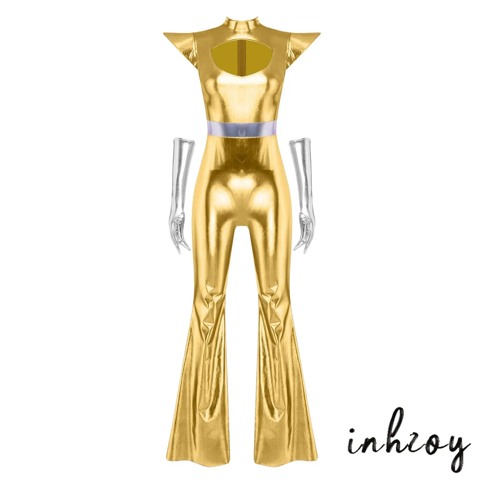 

Womens Alien Cosplay Metallic Shiny Jumpsuit with Gloves Fly Sleeve Cutout Chest Bell Bottom Pants Bodysuit Halloween Costume