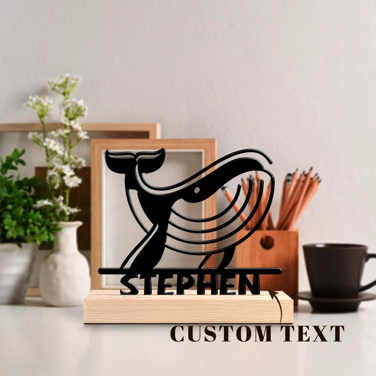 1pc Metal Art Desktop Decoration Customizable Name Equipped with A Wooden Base Room Decorations, Bar Counter Decorations