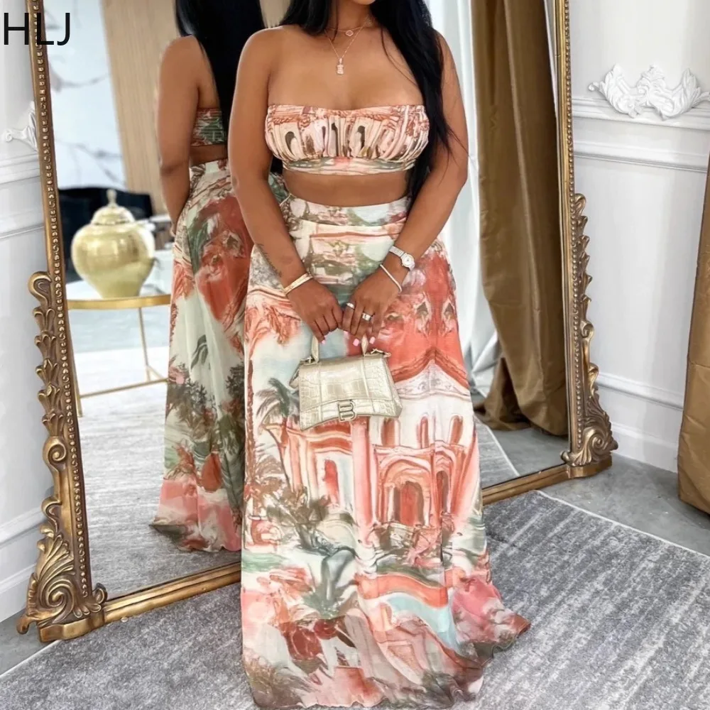 

HLJ Осенний новый модный комплект из 2 предметов с узором для женщин, топ без рукавов в стиле пэчворк с рюшами + макси-юбка, женская уличная одежда