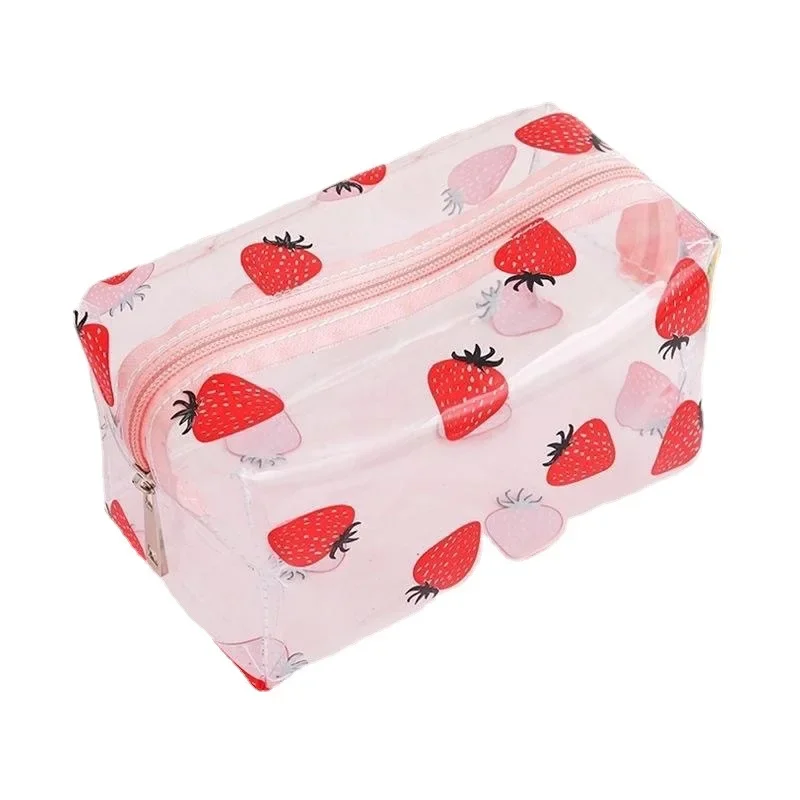 Estuche transparente Kawaii de gran capacidad, bolsa de almacenamiento de maquillaje con estampado portátil de frutas y corazones