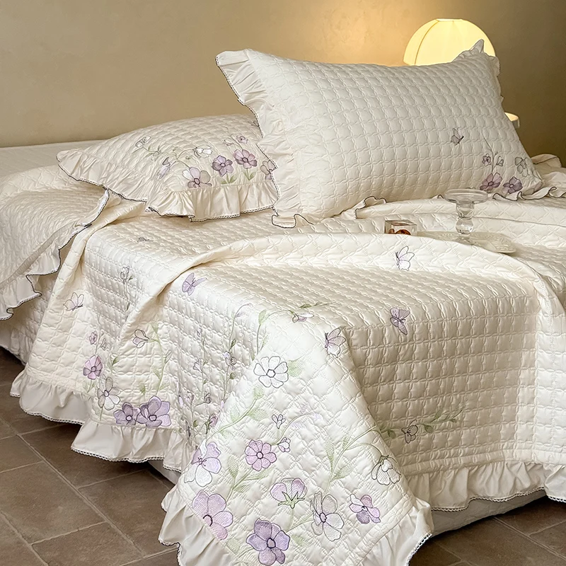 

600TC Egyptian Cotton Flowers Embroidery Ruffles Quilted Bedspread, Bed Cover, Mattress Topper Coverlet, Bed Sheet, Pillowcases
