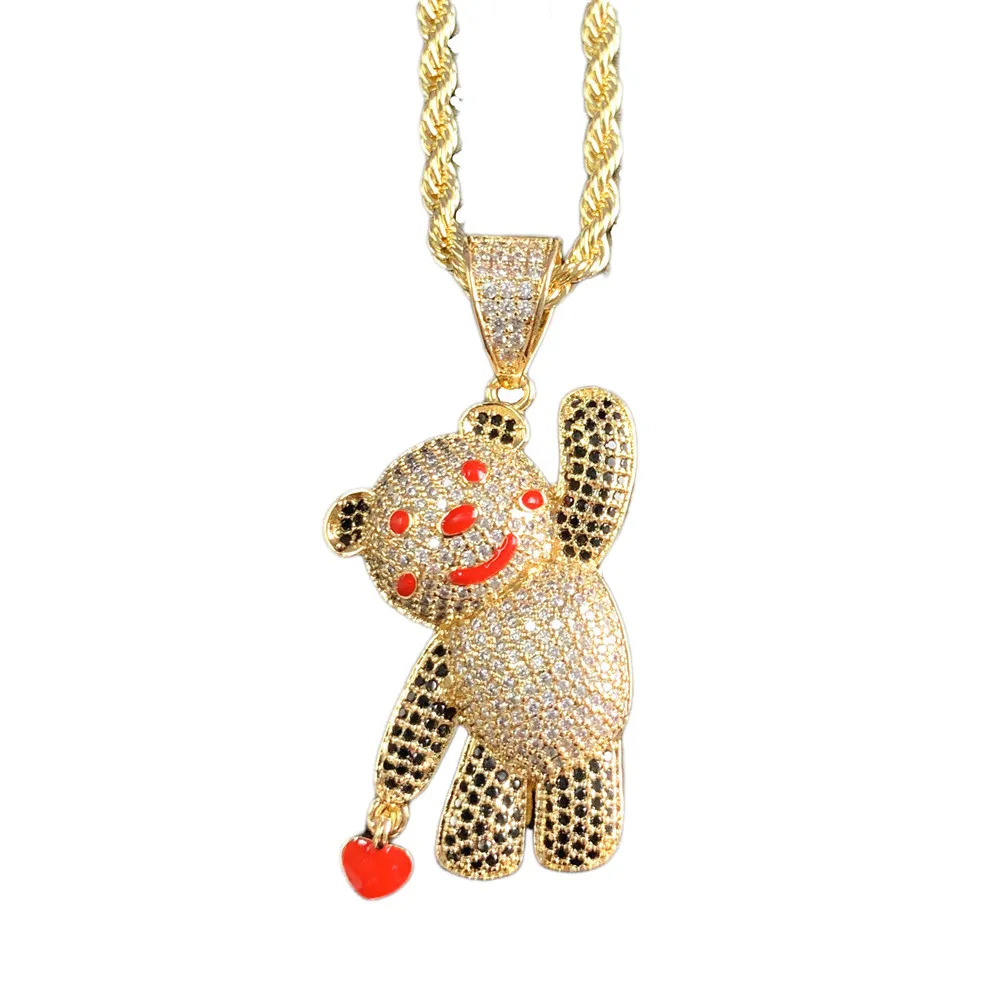 

Men's and women's necklace plated with 14k gold zircon, cartoon heart-shaped bear, hip-hop rock fashion jewelry