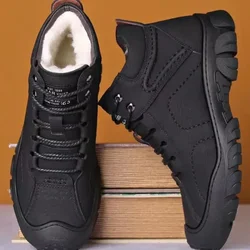 Botas de nieve para exteriores para hombre, zapatos de algodón con cordones, botas de invierno para hombre, zapatos de cuero informales de felpa de alta calidad, zapatillas de deporte masculinas 2025, nuevo Bota