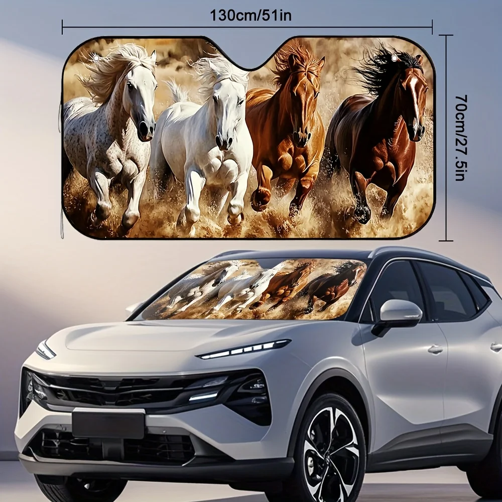 1pc Galloping Herd Car Sun Visor – Adjustable Sunshade With Majestic Horse Design, Necessary Barrier For Desert Journeys & Styli