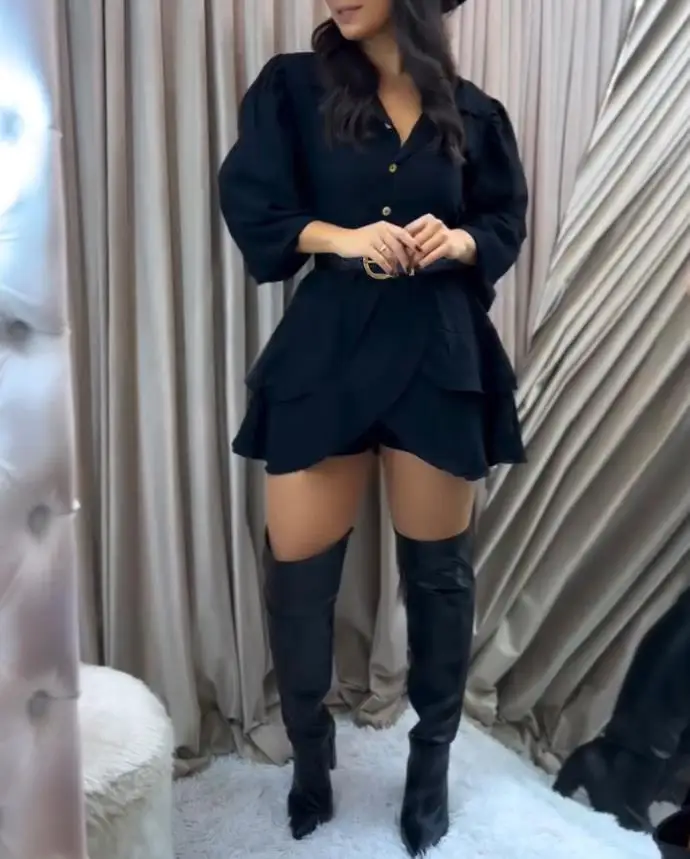 

Women's 2-Piece Outfits Stand Collar Lantern Sleeve Button Up Front Shirt Asymmetrical Ruffle Top & Casual Shorts Set Whit Belt