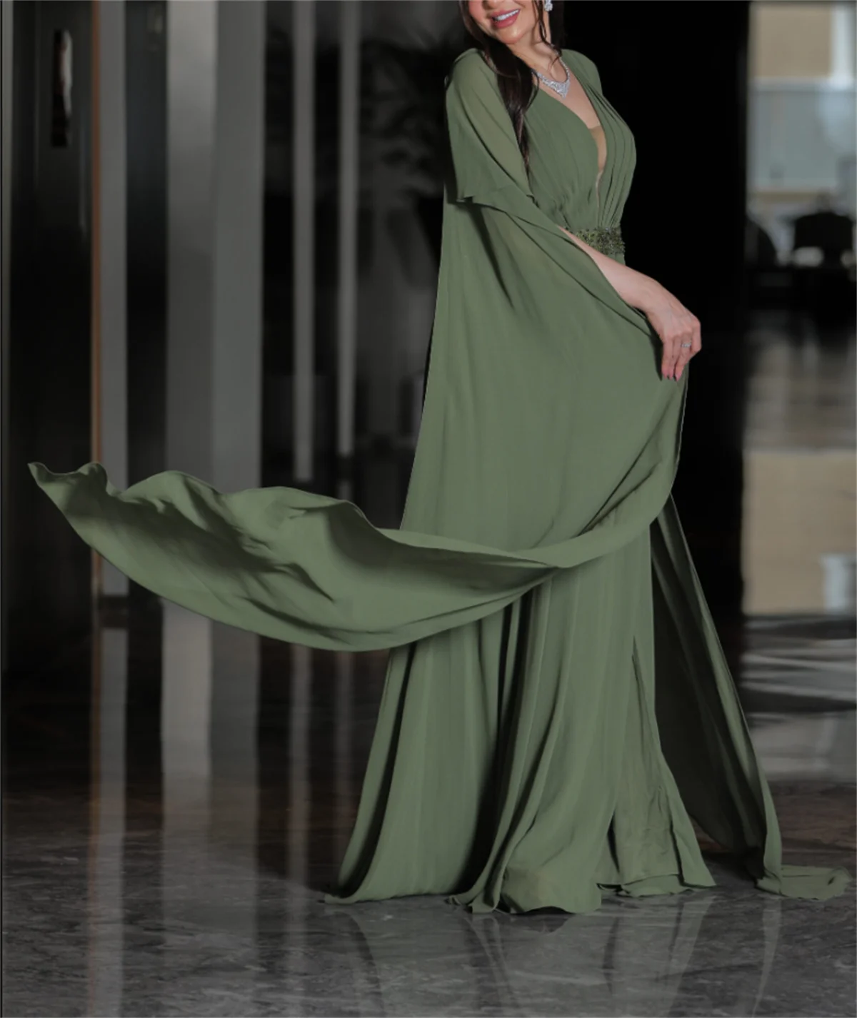 Robe de Soirée Trapèze en Mousseline de Soie Plissée à Manches sulfet Col en V pour Occasions Formelles, Simple, Classique, Vert, Traîne, Balayage, Quelle que soit la Personnalité, 2024