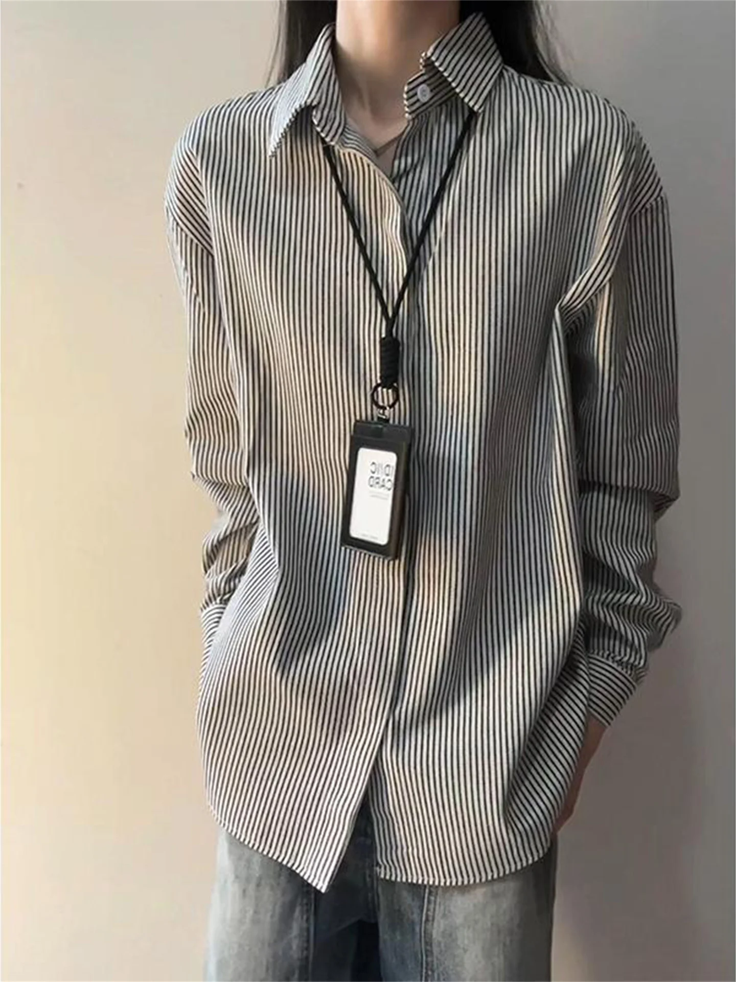 Men's Long Sleeve Striped Shirt Casual Lazy Style Autumn Fashion College Wind Design Sensation American Jacket Turn-down Collar