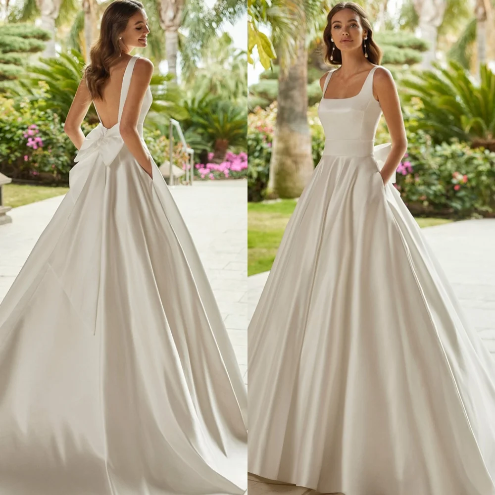 

Customized Classic Satin Wedding Dresses for Woman Strapless Sleeveless Bridal Gowns Backless Open Back Bow Robe de soirée