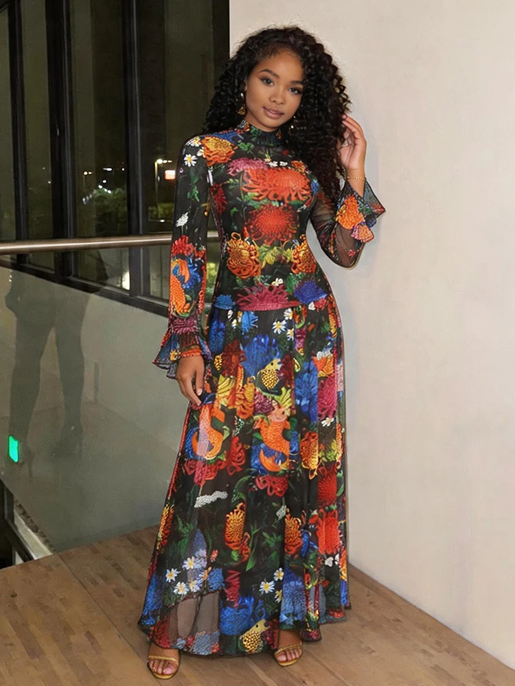 

Kliou Colorful Flower Print 2 Piece Set Woman Half High Collar Flare Sleeve Toops+Ruched Long Skirts Casual Elegant Style Suits