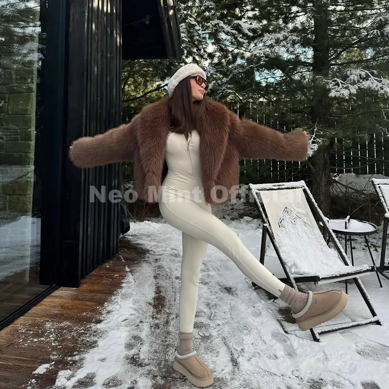 Neo Mint Winter 2025 Trendy Brown Obsession Cropped Shawl Collar Faux Fur Coat Women Jacket Chic Girls Brand Fox Fur Outerwear
