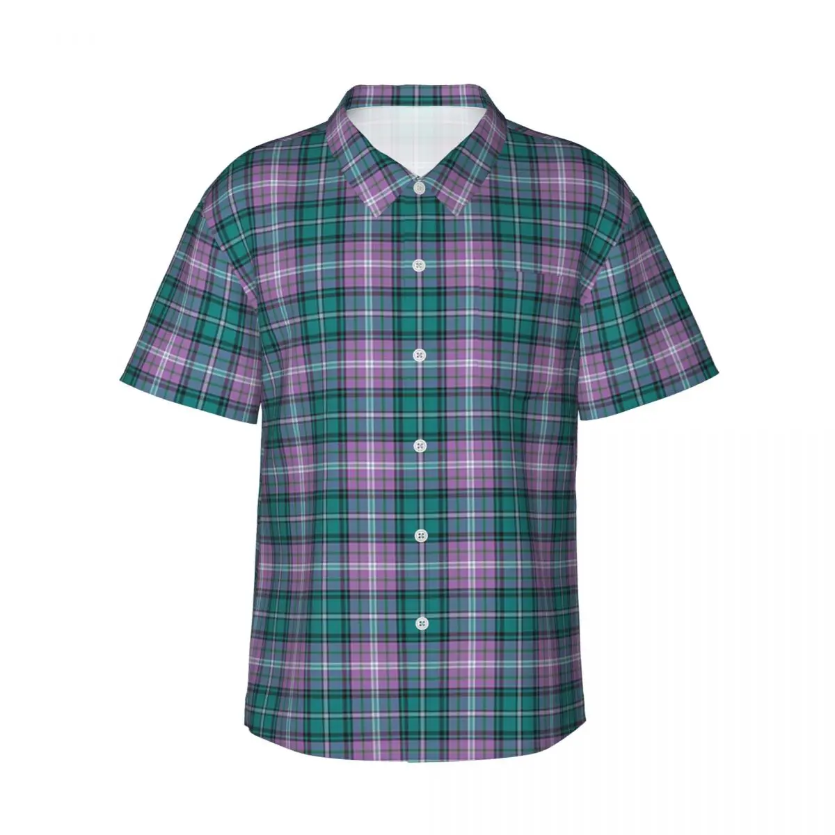 Purple Scottish Tartan Plaid Men's Shirts Hawaiian Short Sleeve Shirt Casual Button Tops for Summer Beach