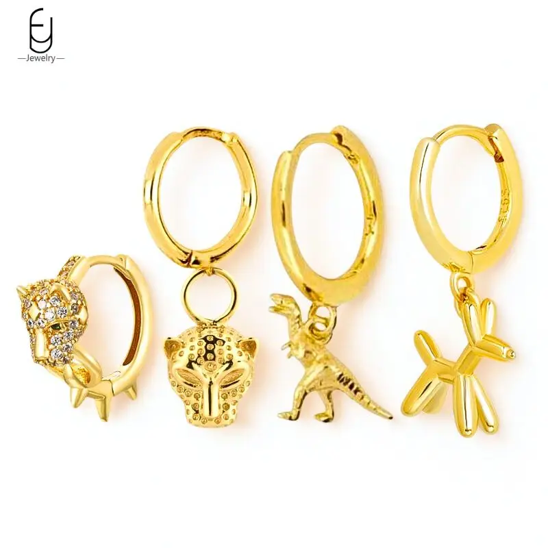 

925 Sterling Silver Needle Cute Puppy/Dinosaur Animal Pendant Earrings Fashion Reptile Hoop Earrings Women's Party Fine Jewelry