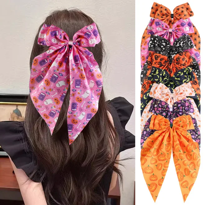 Halloween Pumpkin Ghost Print Long Tail Bow Hairpin Spooky Holiday Party Cosplay Headpiece Festive Cute Oversized Barrette