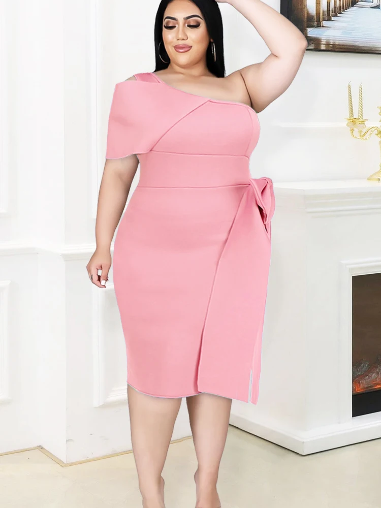 One Shoulder Party Dresses for Women Bowtie Plus Size 3XL 4XL Pink High Waist Bodycon Birthday Cocktail Party Gowns Summer 2023