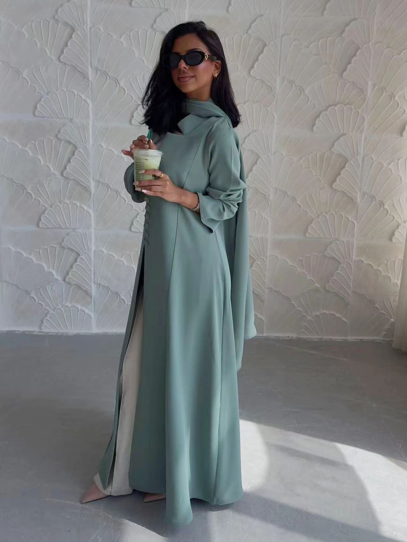 

Ид женский шарф Абая, комплект из 2 предметов, мусульманские комплекты, открытый кардиган, платье, платок, Рамадан, Дубай, мусульманские ансамбли, арабский Марокко, 2025 г.