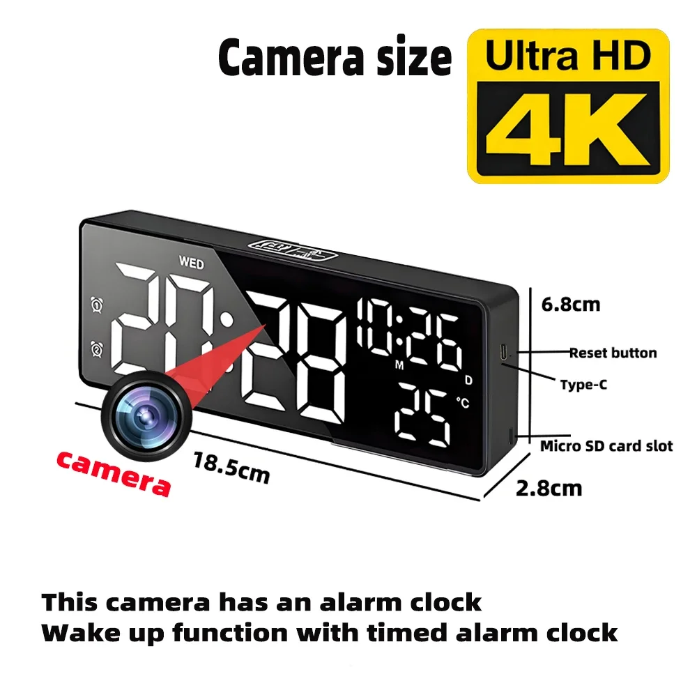 Mini 4K HD Camera, Supports Remote Viewing, Motion Detection, Digital Lights Can Be Turned Off, Ringing Alarm Clock Camera view 6