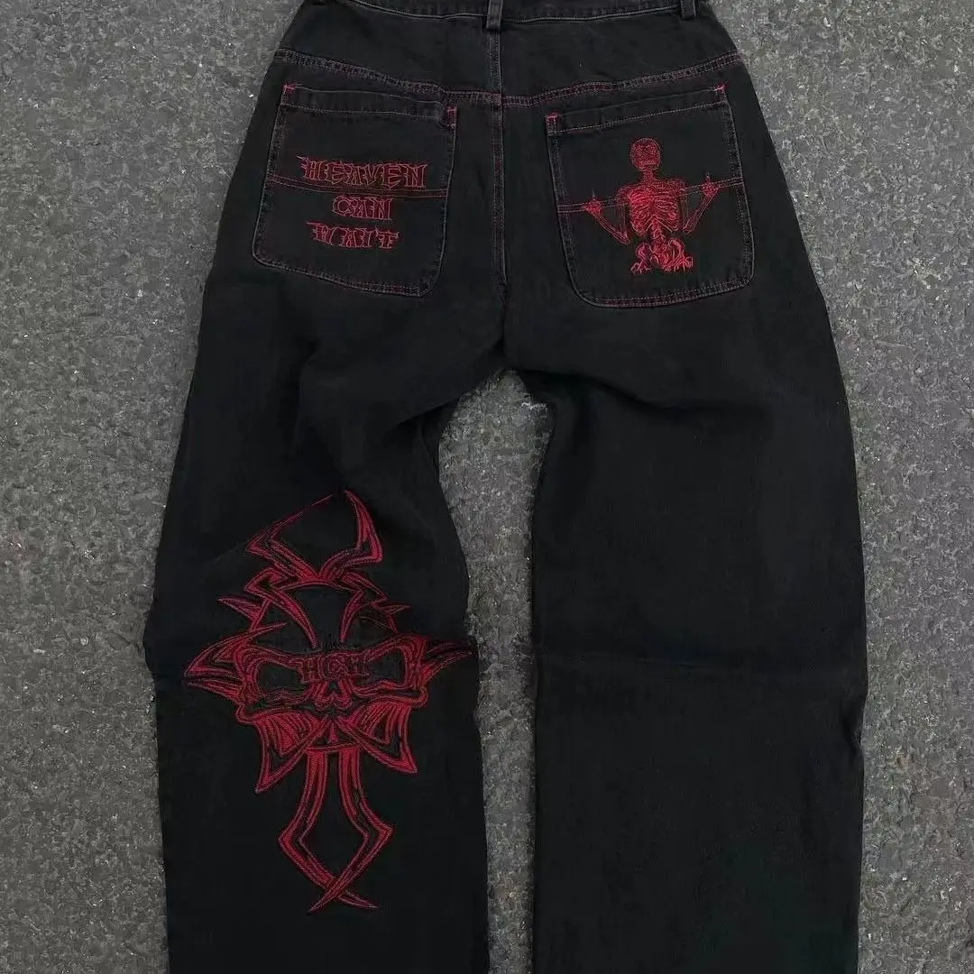 Hot sell fully embroidered skull cotton casual pants mens straight leg pants trendy casual jeans streetwear retro men clothing