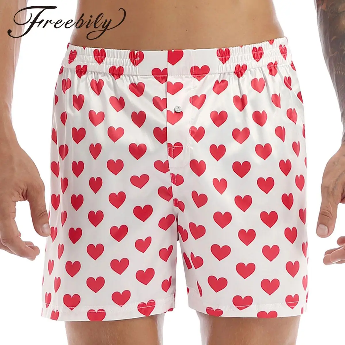 Men Cute Love Heart Print Loose Boxer Shorts Soft Lightweight Sports Pants Beach Shorts Daily Wear Lingerie Sleepwear Homewear