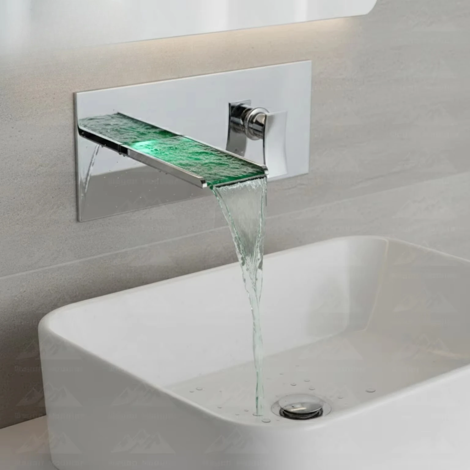 Beautiful Modern Wall Mounted LED Water Flow Waterfall Bathroom Faucet Glass Sprinkler Mixer