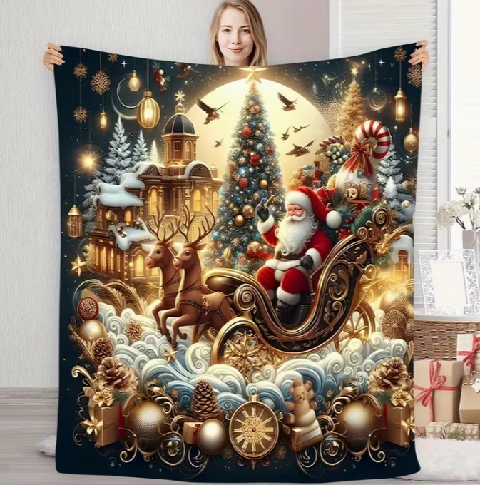 Complimentary Festive Blanket Featuring Santa Claus Sleigh Designs Perfect for The Christmas Season This Soft and Warm Blanket