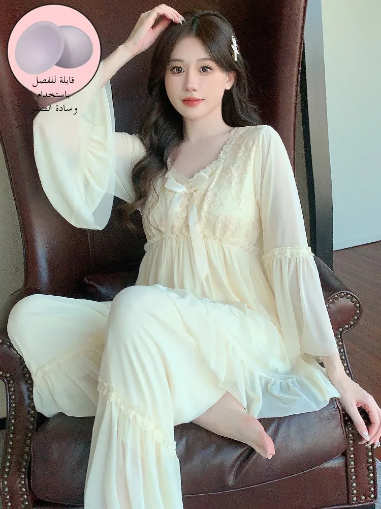 

Комплект одежды Princ Sle, женская домашняя одежда Long Sve Modal Ice Silk Me с накладкой на грудь, весенне-осенний комплект из двух предметов