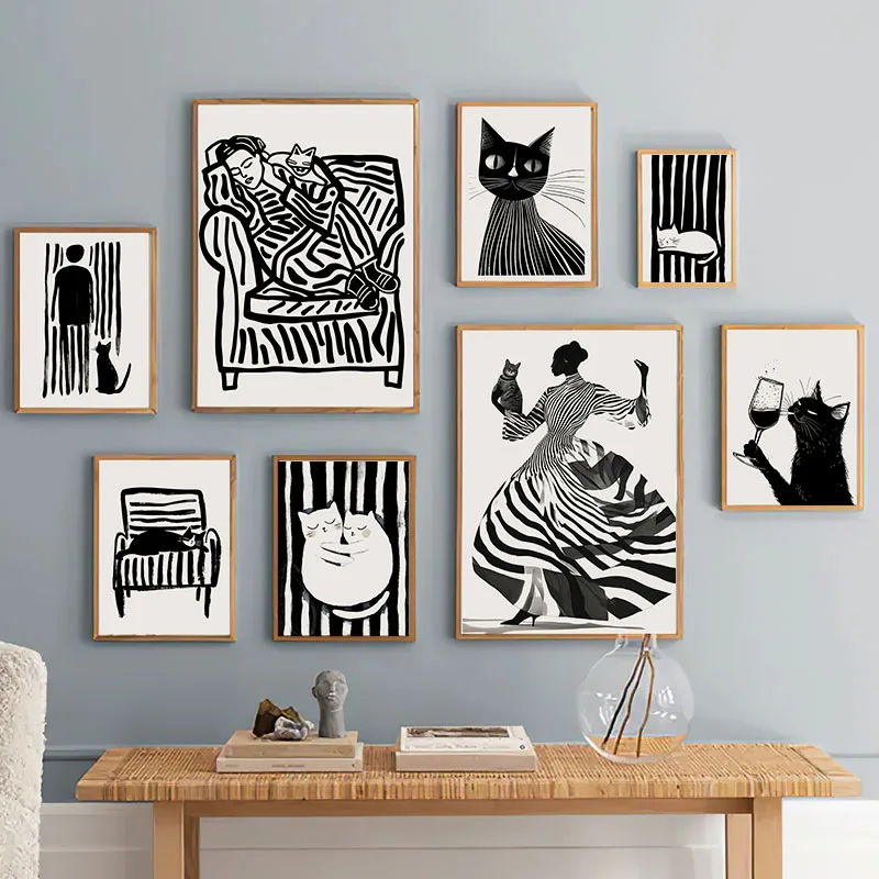 Black Striped Girl Cat Chair Wine Wall Art Canvas Painting Abstract Posters Prints Hotel Bar for Living Room Office Wall Decor