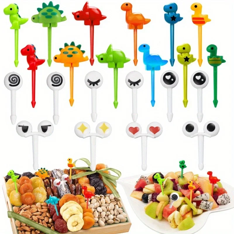 22pc/set Cartoon fruit fork cute eyes dinosaur cupcake top decoration food appetizer toothpicks, bento box accessories