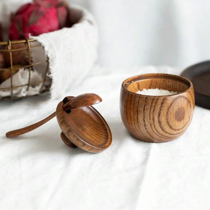 Retro Wooden Seasoning Jar with Spoon Solid Wood Spice Pot Kitchen Travel Shatterproof Salt Suagar Container Seasoning Bottle