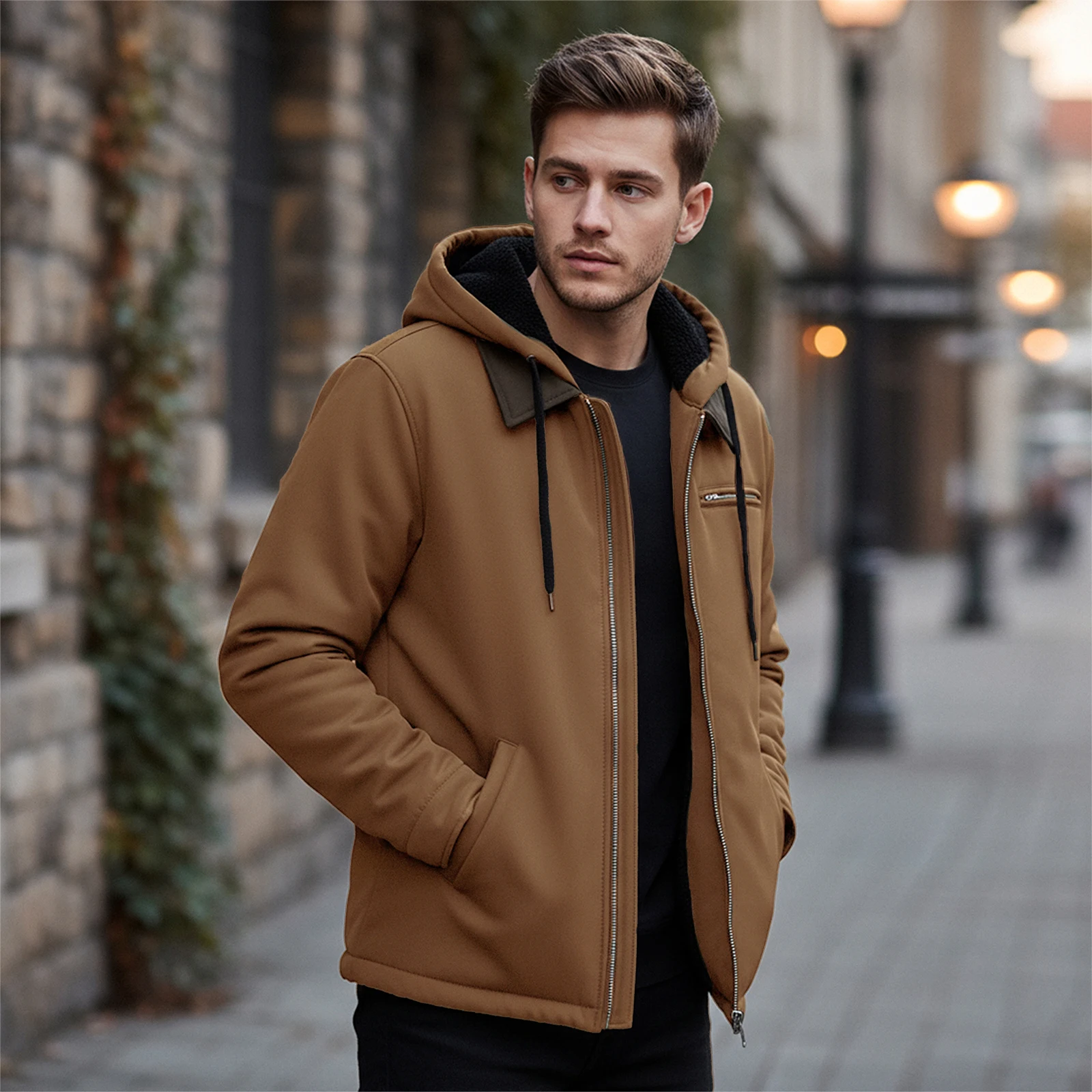 

Winter Jackets Men Hooded Jacket Long Sleeve Zipper Jacket Autumn Warm Outwear Tops with Pockets