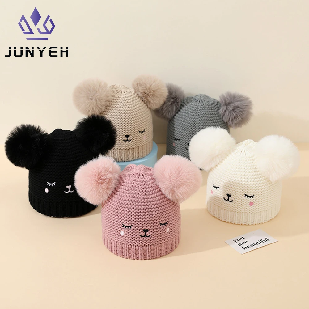 Thick Winter Hat Baby Knitted Wool Hat Double Ball Bear Baby Beanies For Kids 0-12 Month