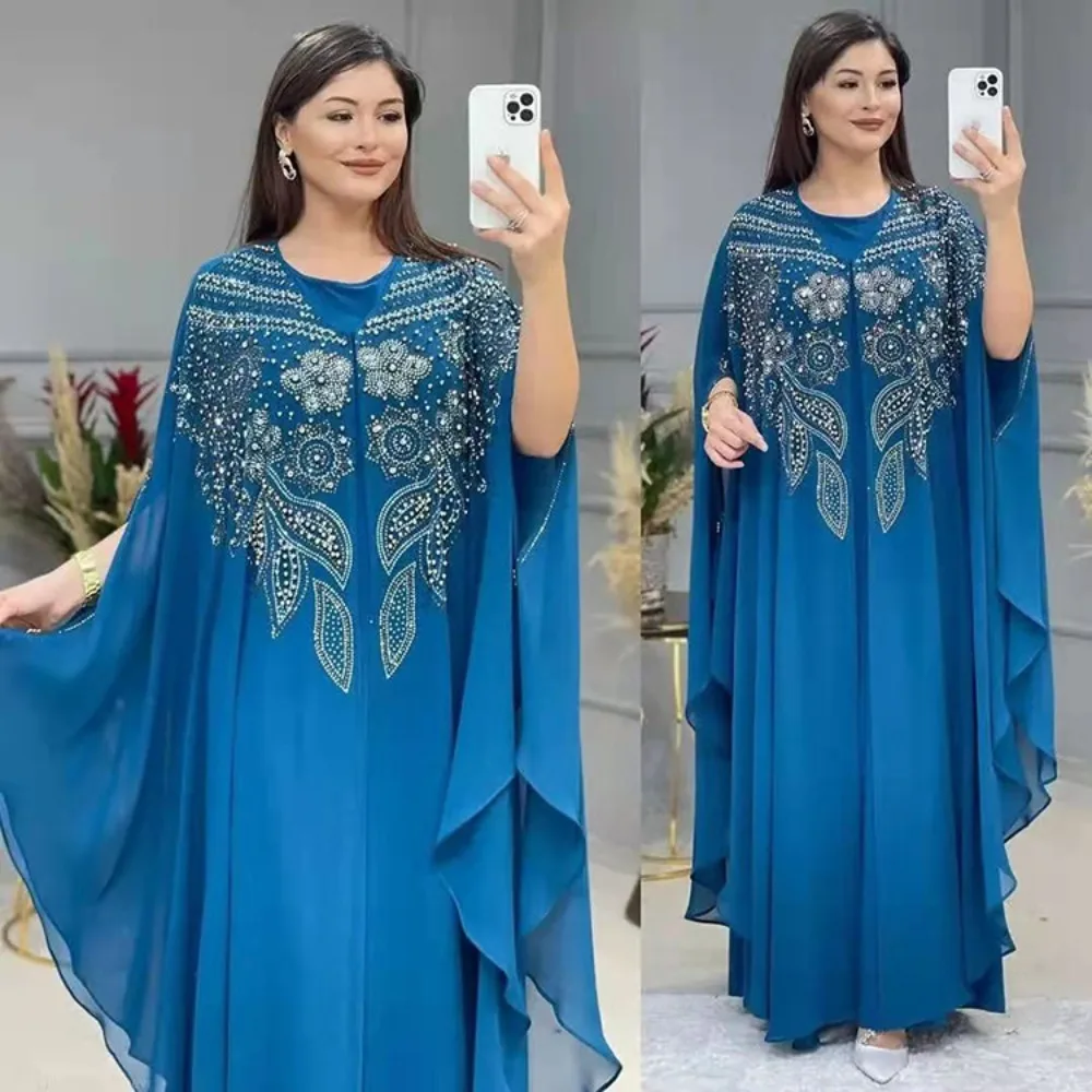 Spring Muslim Eid Women Elegant Diamond Evening Dress Party Batwing Sleeve Long Dresses Ramadan Abayas Caftan Kaftan Abaya