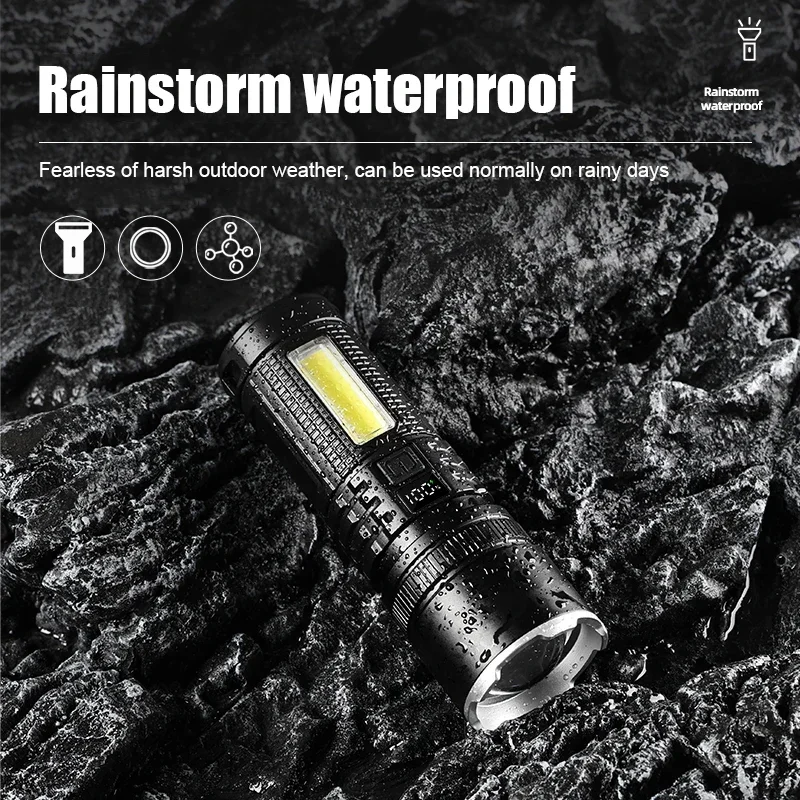 LED+COB Multifunctional Strong Light Flashlight Digital Display USB Outdoor Fishing Camping Charging Torch Telescopic Zoom Light