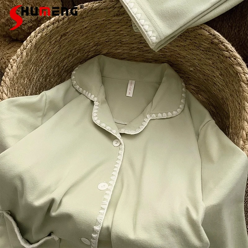 

Japanese Style Pajamas for Women Autumn Winter High End Green Warm Simple Sleep Wear Female Japanese Velvet Homewear Set