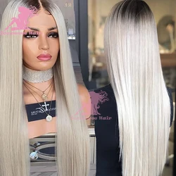 Cinza loira cabelo humano perucas cheias do laço raízes escuras 13x4 peruca dianteira brasileiro hair360 perucas frontais do laço preplucked sem cola em linha reta