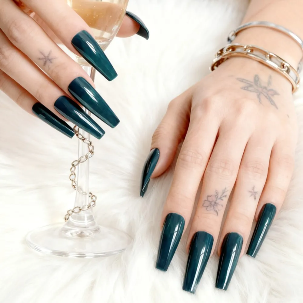 

48Pcs Navy Blue Press On Fake Nail With Glue Long Ballerina Coffin Shaped Acrylic False Nails For Woman DIY Manicure Tools